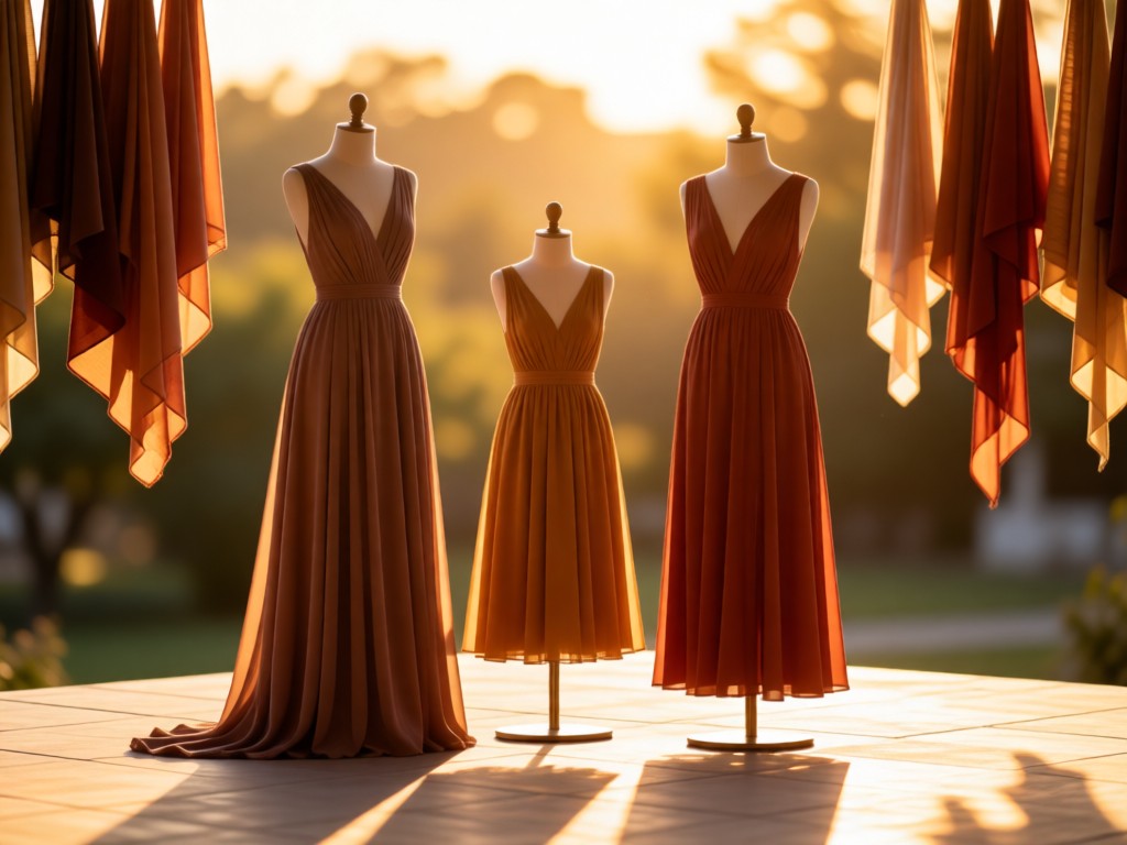 Three elegant mannequins of different sizes displaying dresses on a sunlit platform. Soft focus background with hanging fabric swatches in warm earth tones. Golden hour lighting.