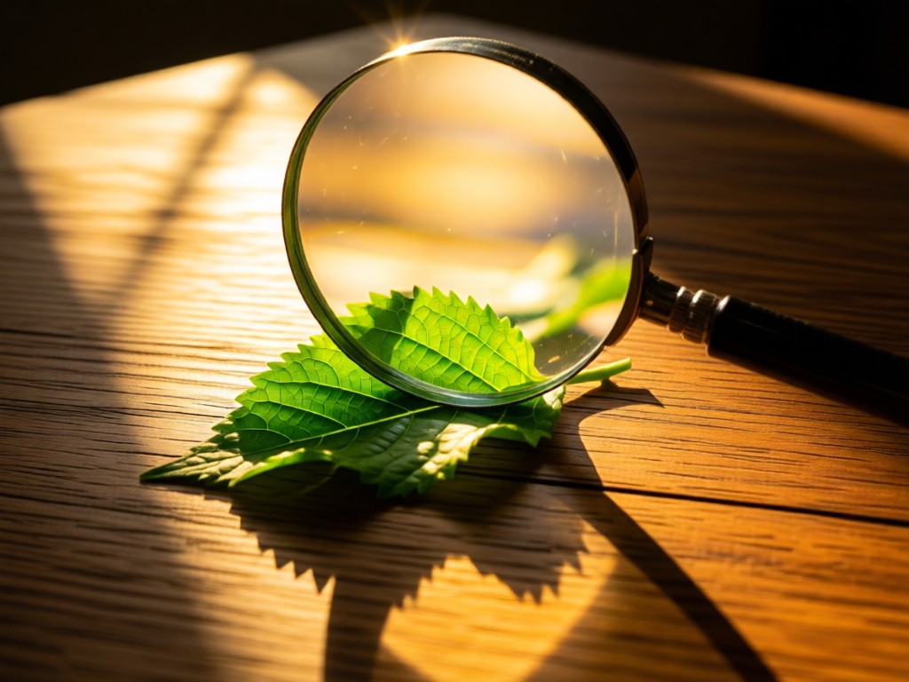 A single magnifying glass focusing sunlight onto a vibrant green leaf on a wooden table. Golden hour illumination creates dramatic shadows. Symbolizes discovery and visibility. No people.