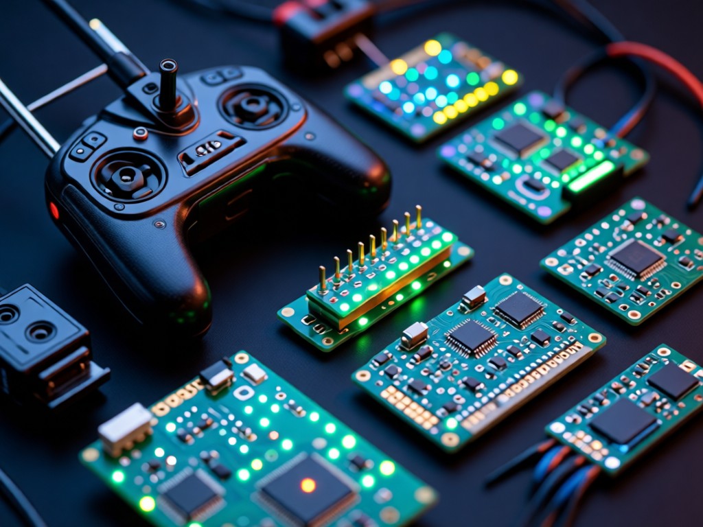 Close-up of RC plane transmitter and electronic components arranged on a dark surface. LED lights glow on circuit boards. Shallow focus emphasizes technical details. No people.