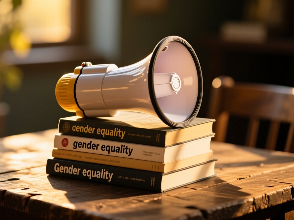 Megaphone resting on stacked books with titles about gender equality, golden hour lighting casting long shadows on rustic table, shallow depth of field, warm tones.
