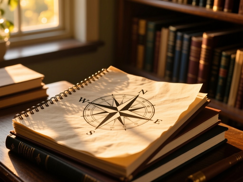 Compass rose on a stack of notebooks in a sun-drenched study nook during golden hour, soft shadows across textured paper, warm lighting symbolizing guidance and discovery.