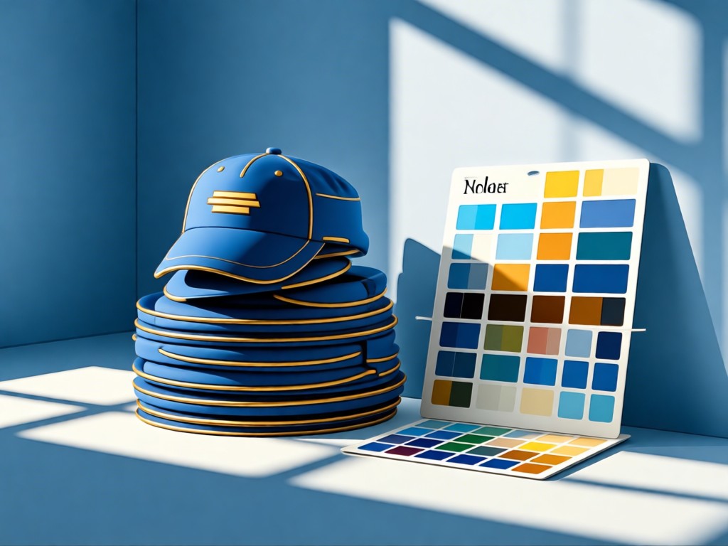 Neat stack of postal caps beside a color palette card. Sunlight through a window creates clean shadows. Minimalist composition. Blue and gold tones. No people.