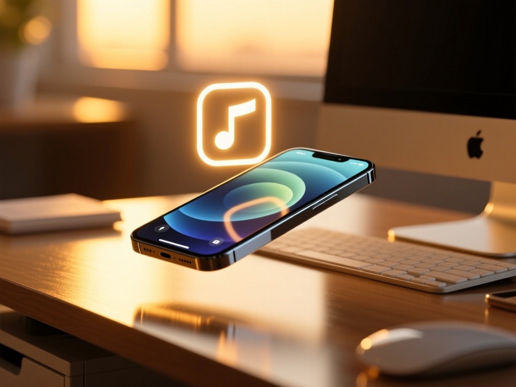 A modern smartphone floating above a desk during golden hour, glowing sync icon hovering above the screen, warm light reflecting on polished surfaces, no hands or text visible.