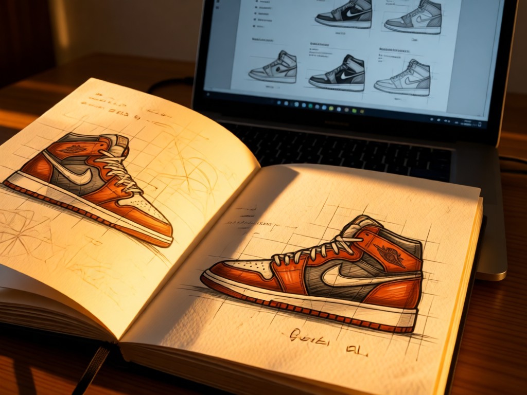 Open sketchbook with basketball shoe designs beside a laptop showing template options. Golden hour light creates warm shadows on textured paper. No people.