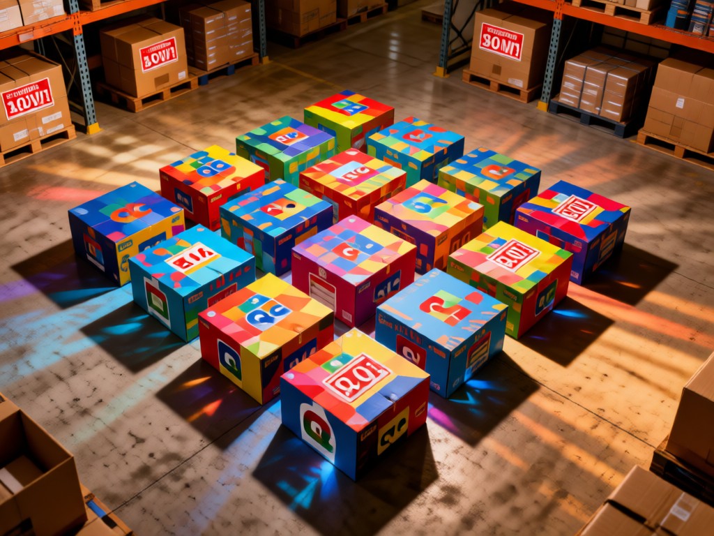 An aerial shot of colorful QVC product boxes arranged in perfect geometric patterns on a concrete floor. Warm warehouse lighting creates dramatic shadows and highlights discount labels. No people.
