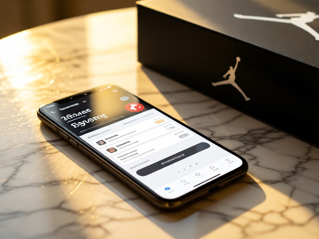 Smartphone displaying clean marketplace interface. Golden light reflects off screen onto marble surface. Blurred Jordan box sits beside it. Focus on transaction ease.