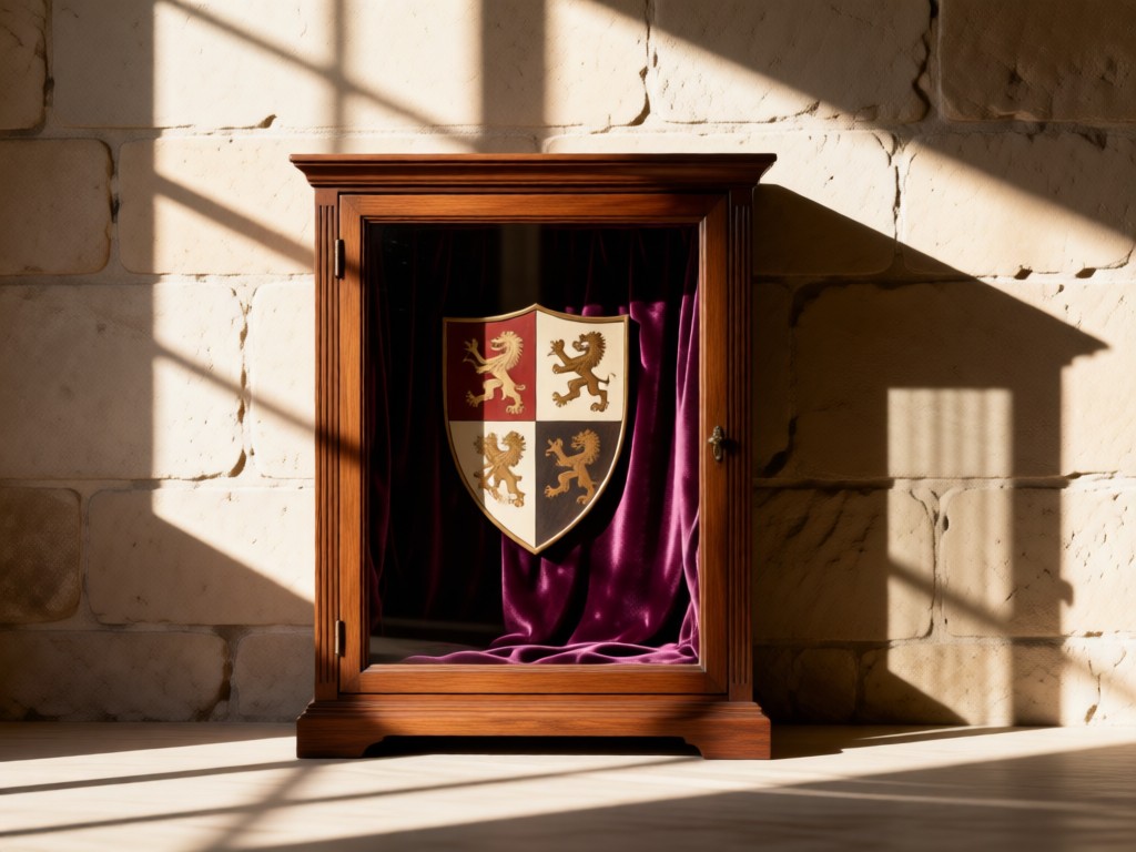 An antique wooden display case with velvet lining, holding a single heraldic shield. Soft window light creates long shadows on a stone wall background. Minimalist composition. No people.
