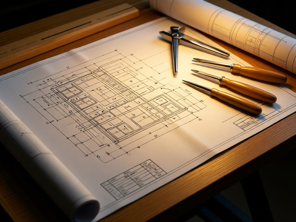 An angled view of engineering blueprints on a drafting table. Golden light highlights precision tools beside them. Soft shadows create depth. No people.