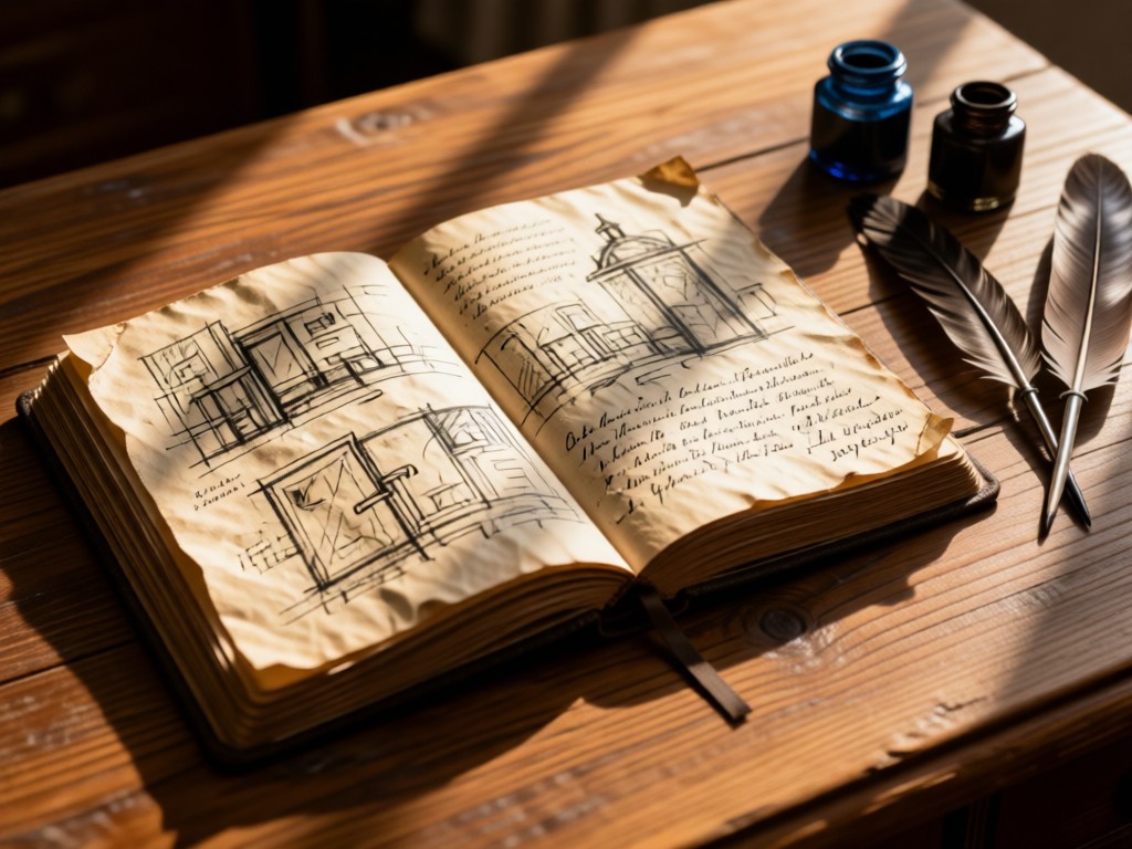 An open handmade journal with rough sketches and handwritten notes. Natural parchment paper lies beside ink-dipped quills on a wooden desk. Soft shadows create depth. No people.