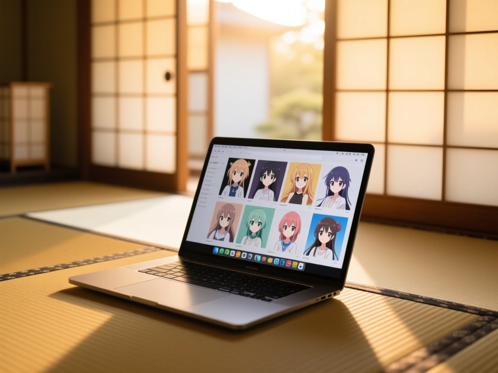 A sleek laptop open on a tatami mat during golden hour, screen displaying organized anime artwork, soft light filtering through shoji screens, minimalist Japanese decor in background, warm natural lighting, no visible text.