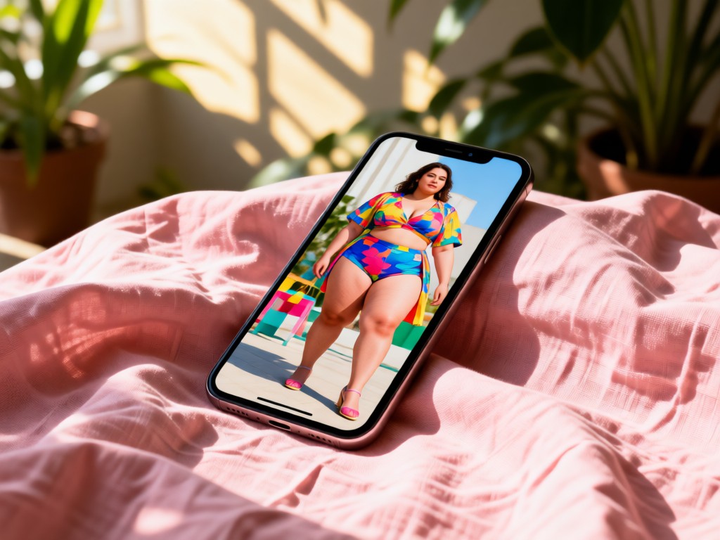 A smartphone displaying colorful plus-size fashion imagery, resting on crumpled linen fabric in blush pink. Soft focus background with dappled sunlight filtering through plants. Clean technology meets natural textures. No people.