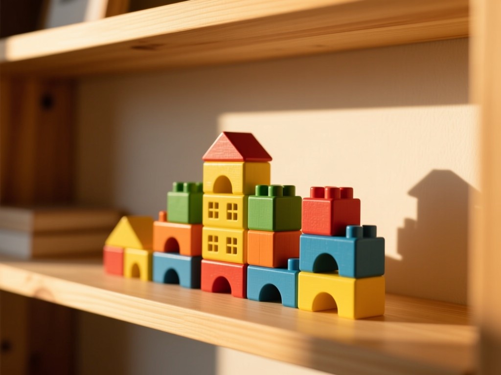 Neatly stacked colorful building blocks on a sunlit wooden shelf during golden hour, soft shadows, warm natural lighting, shallow depth of field, minimalist composition with negative space.