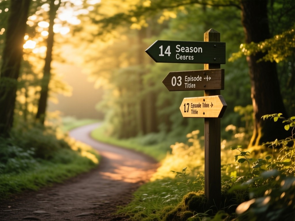 A winding forest path illuminated by golden hour light, signposts showing season numbers and episode titles, soft focus background, natural greens and golds.