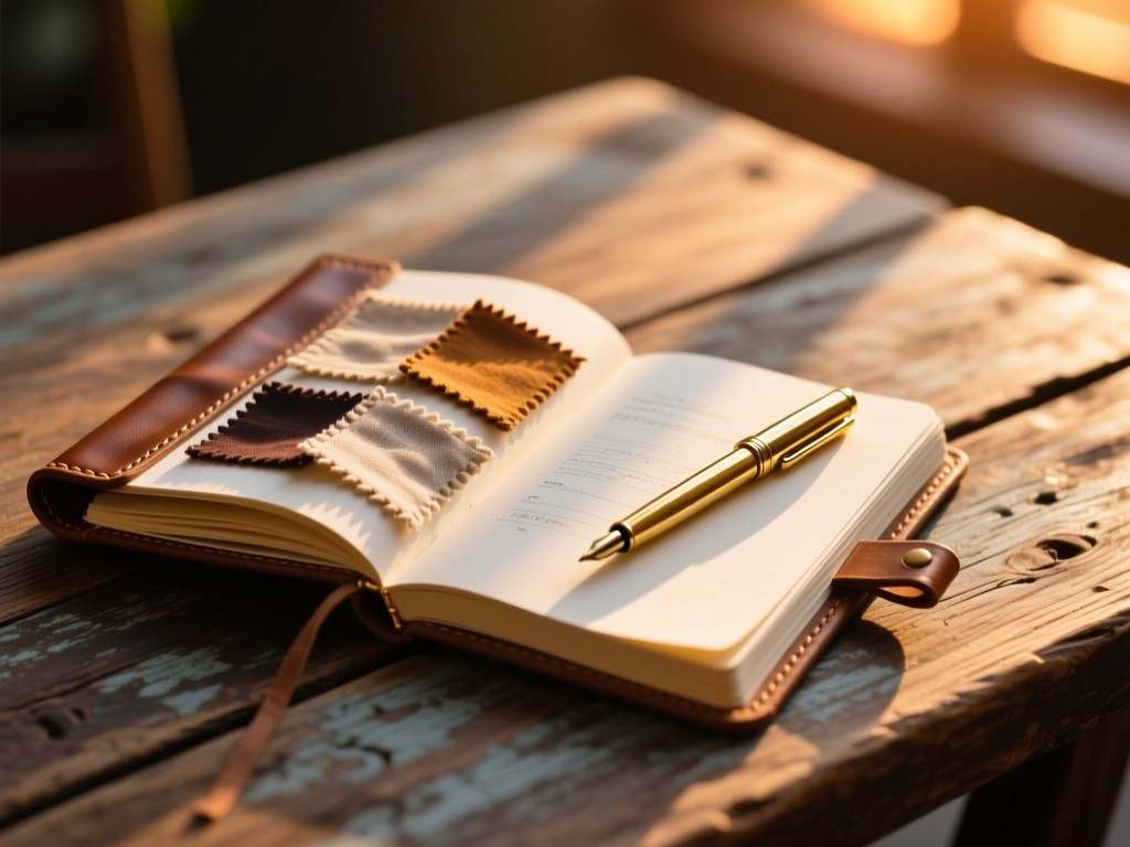 An open leather-bound sketchbook with fabric swatches and a gold pen on a reclaimed wood table, soft sunset light casting long shadows, shallow depth of field, warm textures, no text visible.