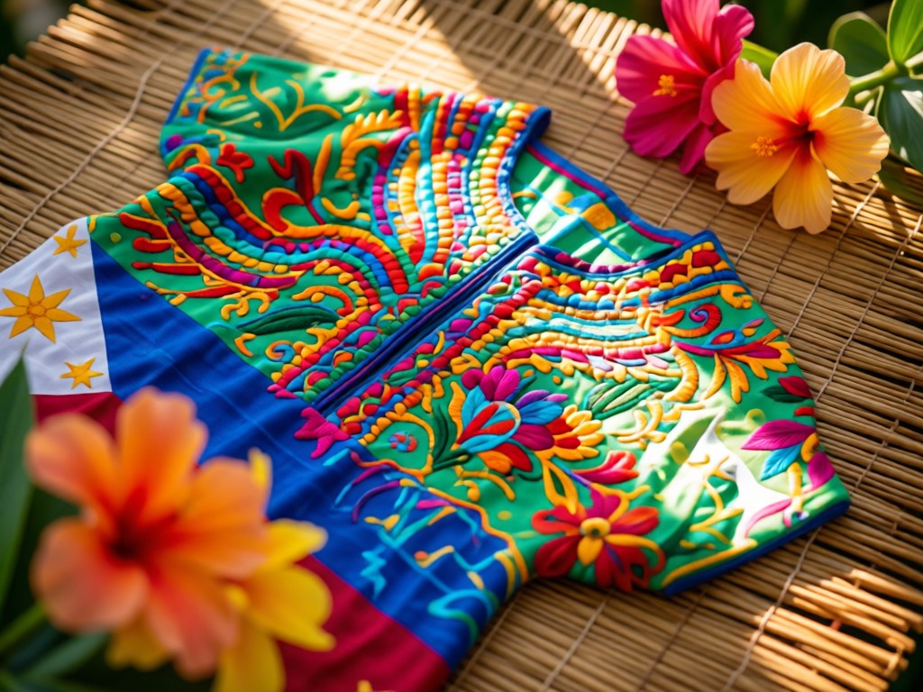 Flat lay of colorful Philippine garments on abaca cloth. Sunlight highlights embroidery details. Tropical flowers in soft focus nearby. No people.