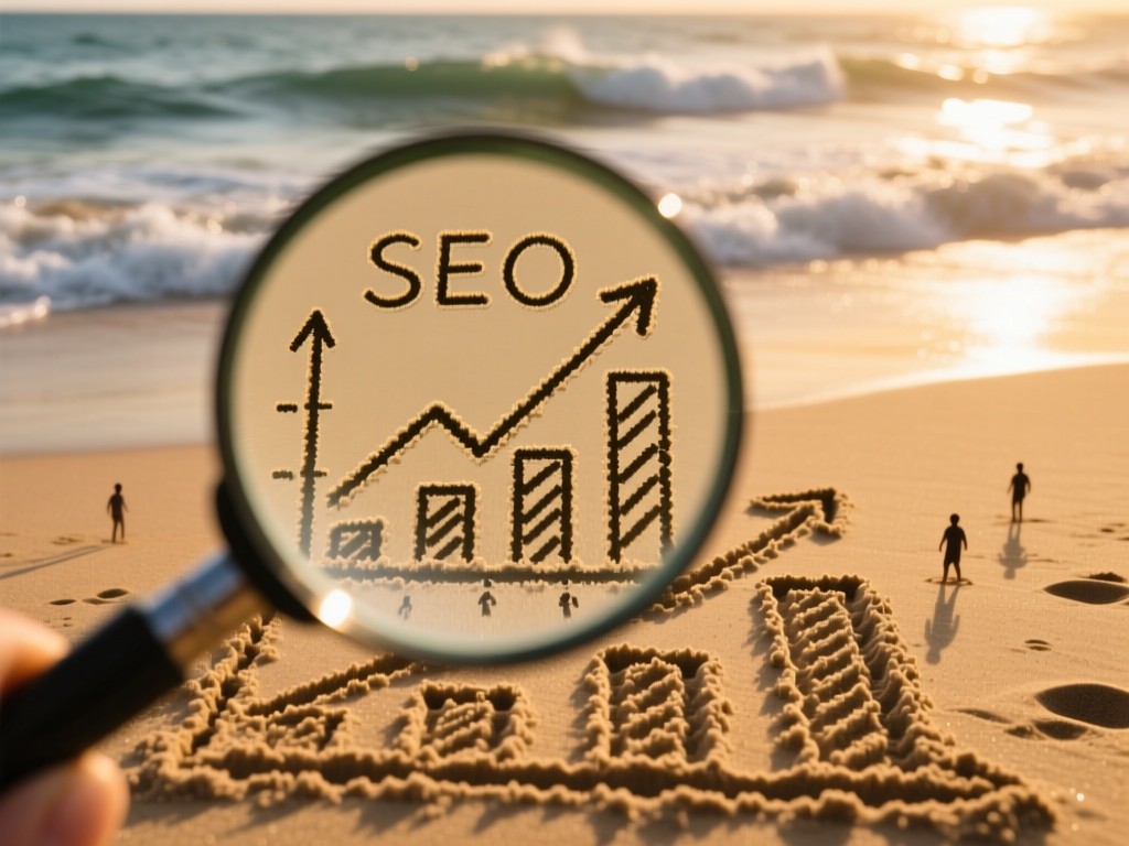 Aerial view of a magnifying glass focusing on upward-trending SEO graphs drawn in sand. Ocean waves in blurred background during golden hour. Symbolizes focus on growth and clarity. No people.