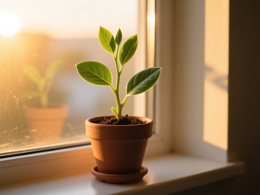 A single thriving potted plant on a windowsill during golden hour, new leaves unfurling toward sunlight, symbolizing growth in motherhood, soft shadows, warm tones, no text.