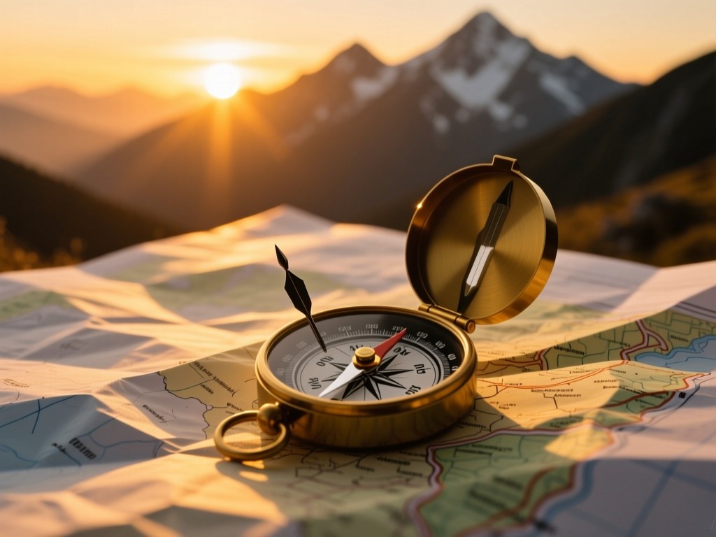 A compass resting on a topographic map at sunset, needle pointing toward distant sunlit peaks, warm golden tones, soft shadows on crumpled paper texture, no text visible.