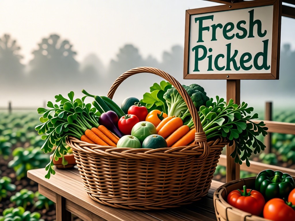 Woven basket overflowing with organic veggies on a farm stand. Morning mist in background. Hand-painted 'Fresh Picked' sign visible. Soft natural lighting. No people.