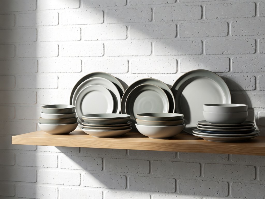 Minimalist shelf displaying coordinated Oneida dinnerware sets against a white brick wall. Soft side lighting highlights textures and shapes. No people.