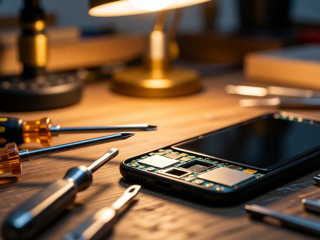 Close-up of precision tools (screwdriver, spudger) next to a smartphone mid-repair. Soft focus background with warm workshop lighting. Technical yet inviting. No people.