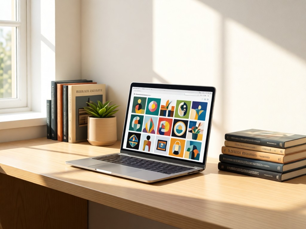 A minimalist desk with a laptop showing unified content tiles. A curated stack of inspiring books beside it in soft sunlight. Clean and organized. No people.