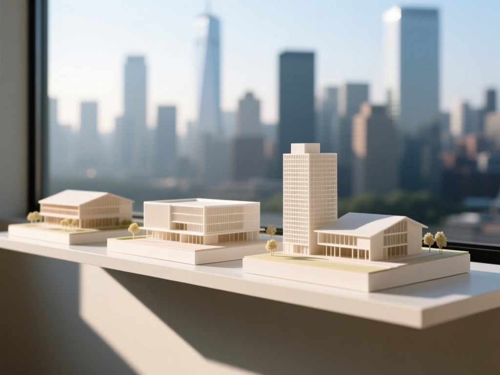 A minimalist shelf displaying three architectural scale models against a blurred city skyline. Morning light creates clean shadows. No people.