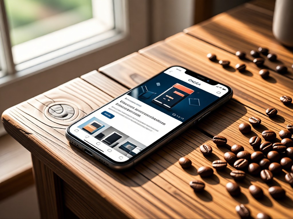 A smartphone showing a sleek Oneida product page, resting on a rustic wooden table with coffee beans scattered nearby. Natural window lighting. No people.