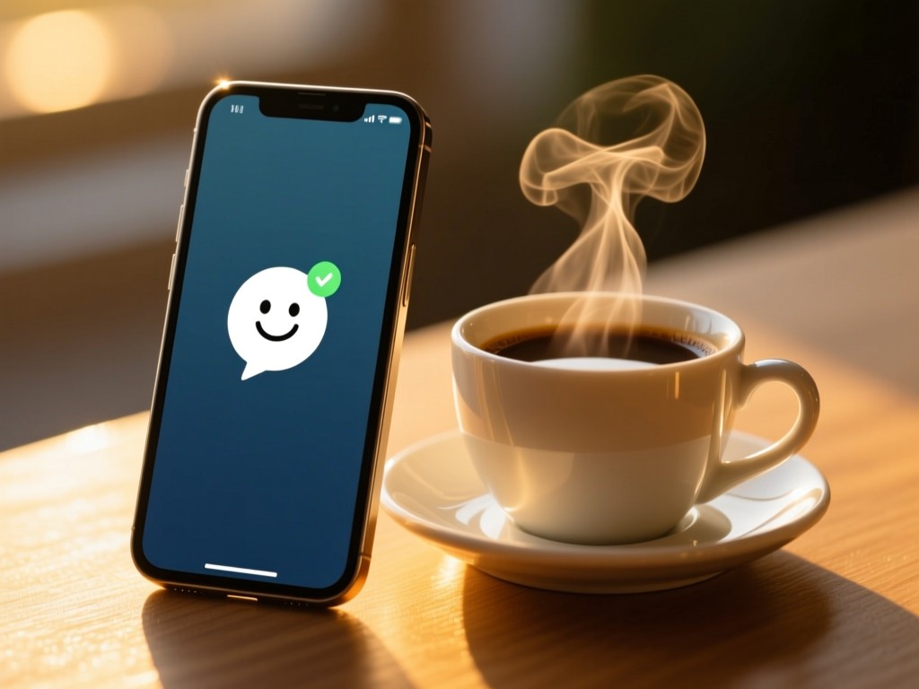 A smartphone displaying a friendly notification icon beside a steaming coffee cup. Golden hour light creates warm reflections on the devices. Simple, clean composition. No people.
