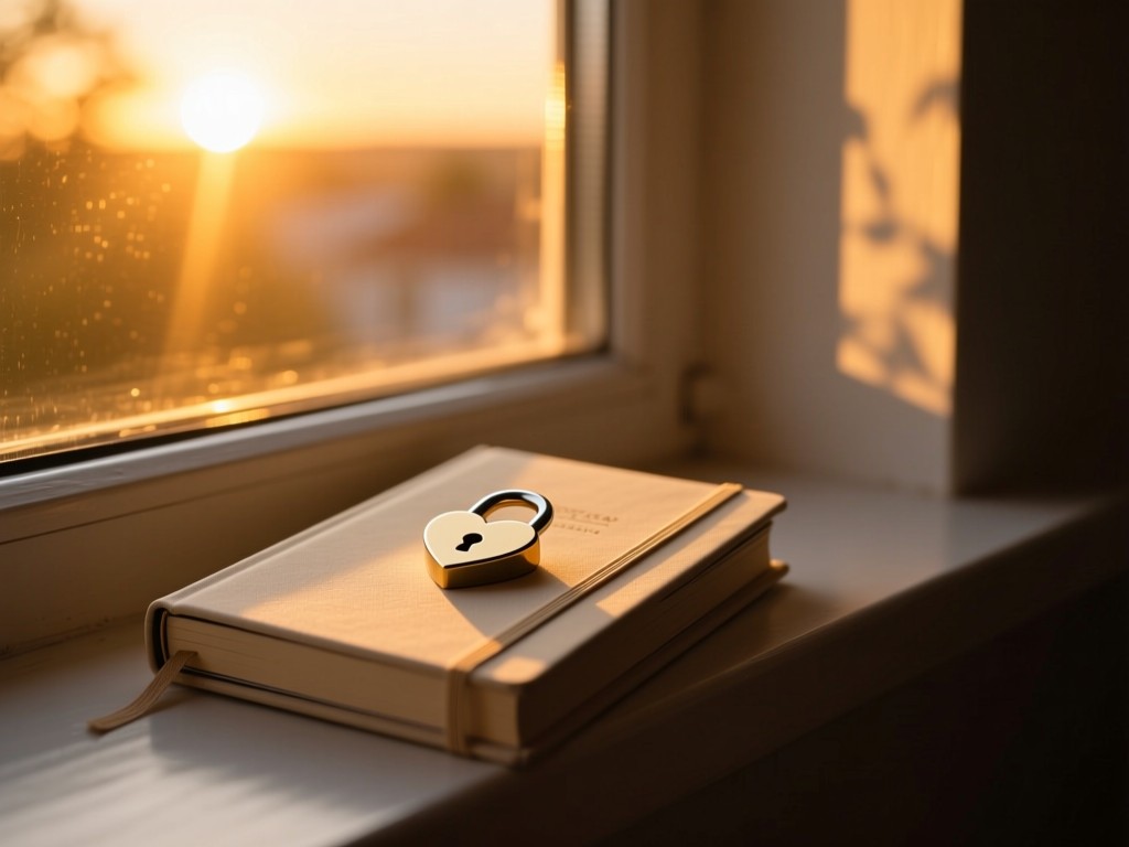 A closed journal with a heart-shaped lock resting on a windowsill during sunset, golden light streaming through, soft shadows, symbolic of private sharing, warm tones.