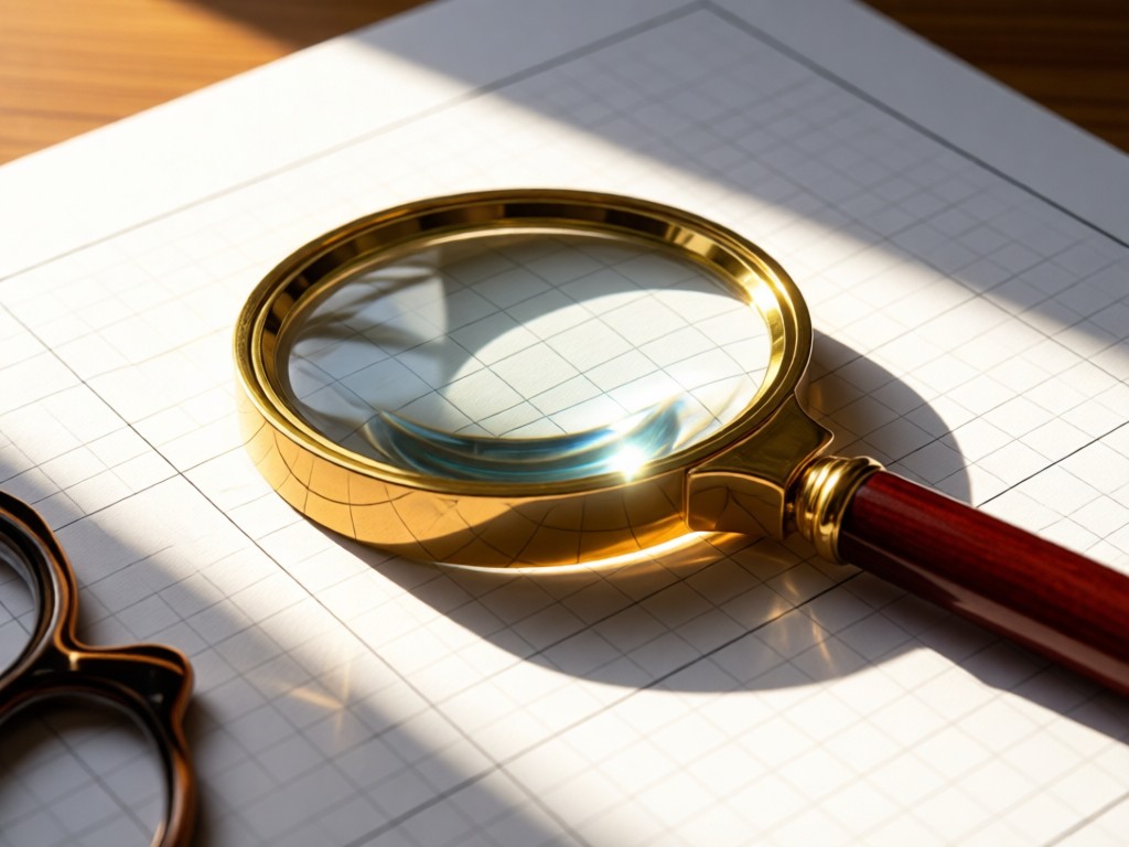 A magnifying glass resting on clean white paper with subtle graph lines. Warm sunlight creates sharp yet soft shadows. Focus on discovery and precision. No people.