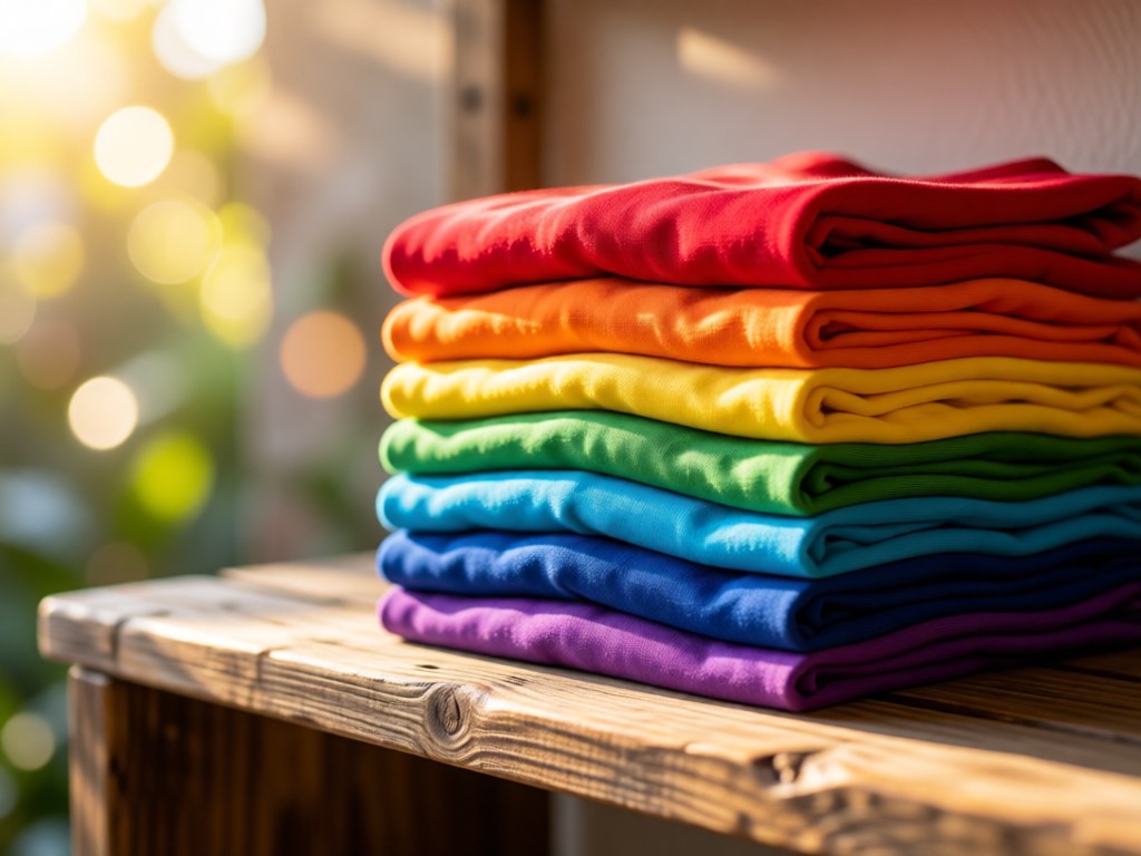 A neatly folded stack of vibrant garments in rainbow order on a rustic wooden shelf. Morning light highlights each color transition. Soft focus background with bokeh effects. No people.