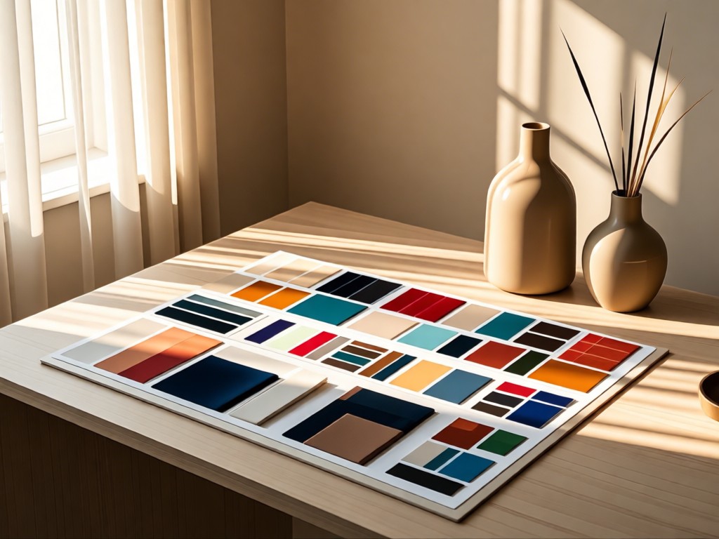 Minimalist desk with a mood board featuring Alaia-inspired color palettes and fabric textures. Morning light filters through sheer curtains onto ceramic vases. No people.