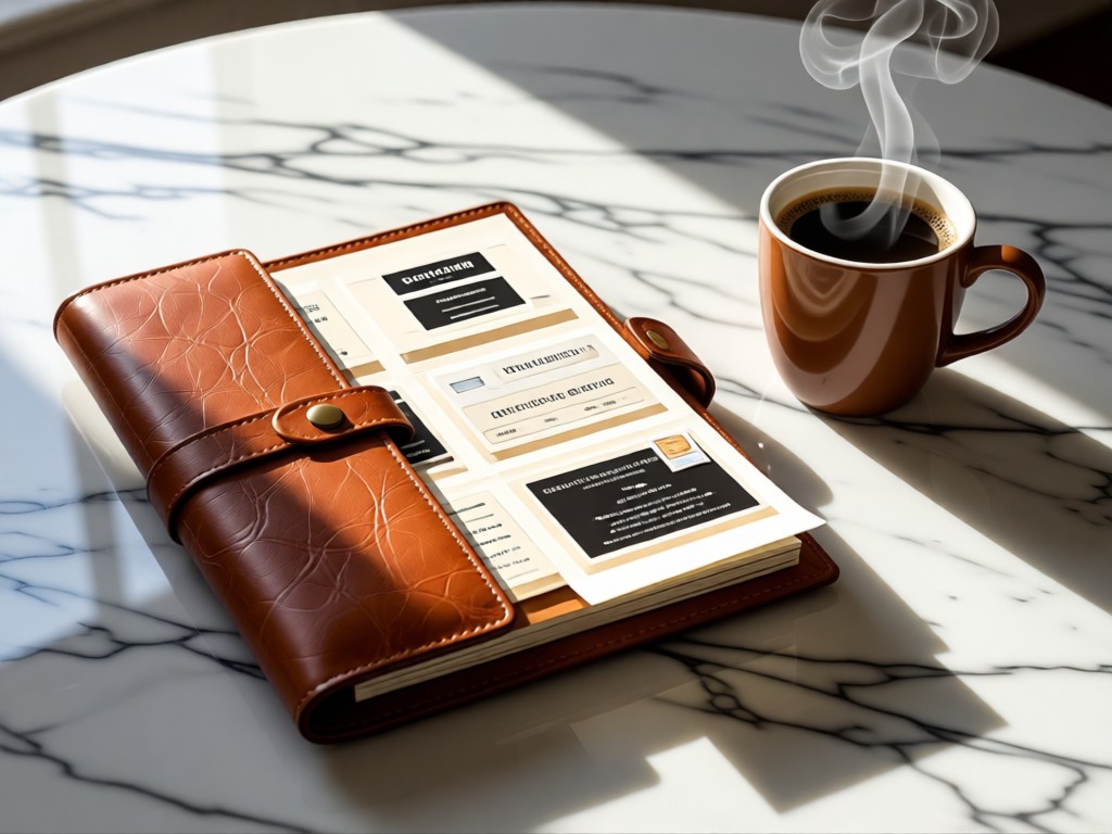 A leather-bound portfolio folder with printed contact sheets, placed beside a steaming coffee mug on a marble surface. Morning light creates soft shadows. No people.