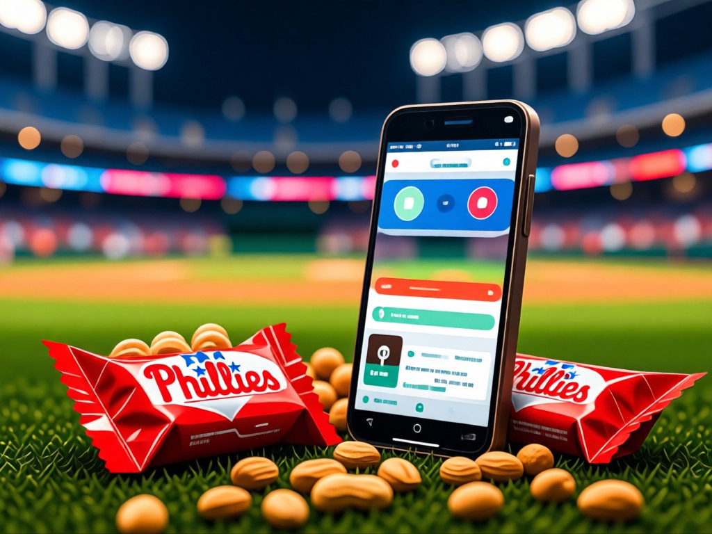 Smartphone displaying Phillies fan forum beside ballpark peanuts in red wrapper. Shallow depth of field, bokeh stadium lights in distance. No people.