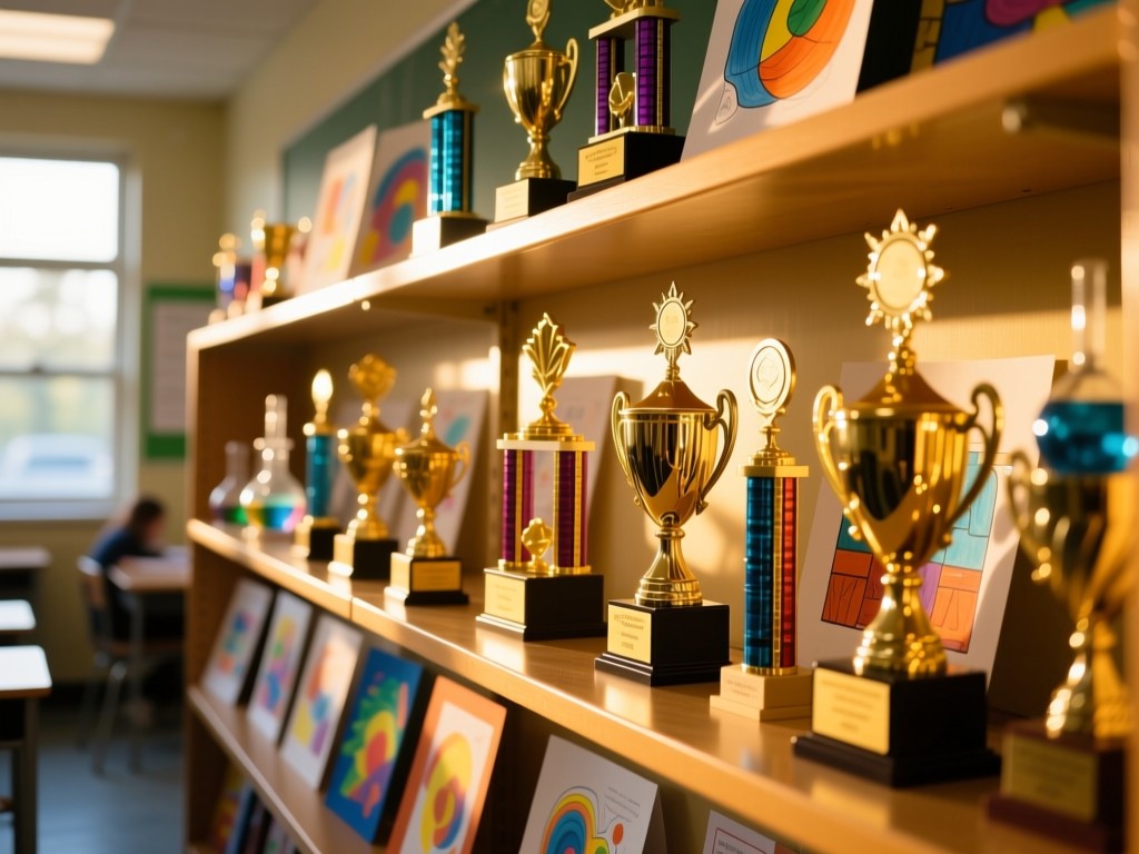 A vibrant display of student art projects and science fair trophies on sunlit shelves. Golden hour light creates warm reflections on the awards. Soft background blur shows classroom windows. No people.