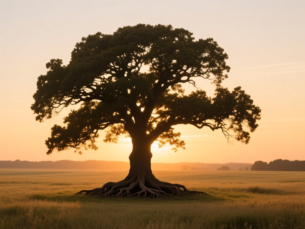 A single strong oak tree in an open field at golden hour, deep roots and wide branches symbolizing career growth and stability, warm sunset glow, soft shadows, minimalist nature scene, no people.