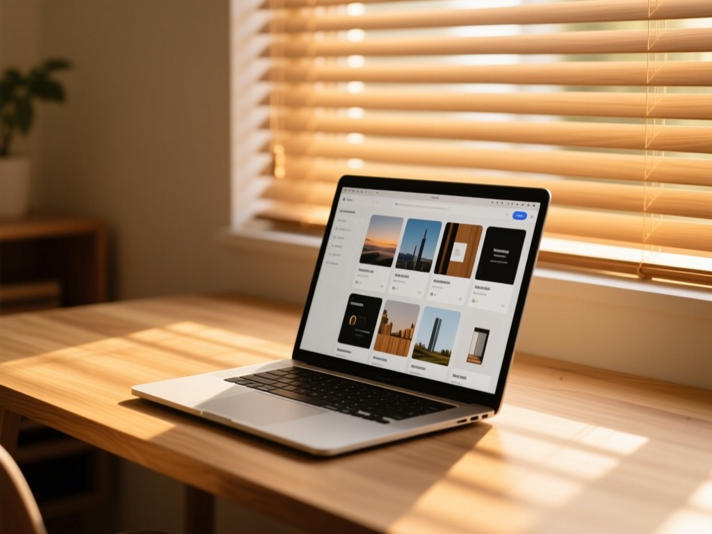 A minimalist desk during golden hour with an open laptop showing organized content tiles, soft sunlight filtering through blinds, warm wood textures, shallow depth of field, no visible text or people.