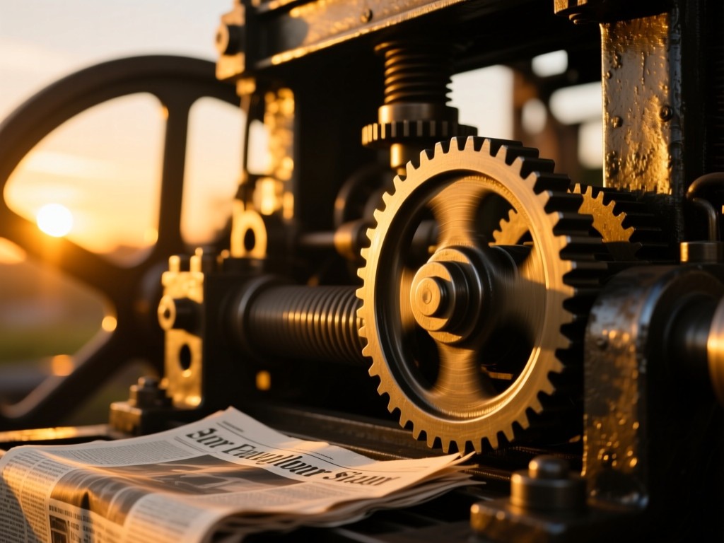 Vintage newspaper press gears in motion during sunset, golden light catching metal textures, shallow depth of field, warm industrial tones, no text.