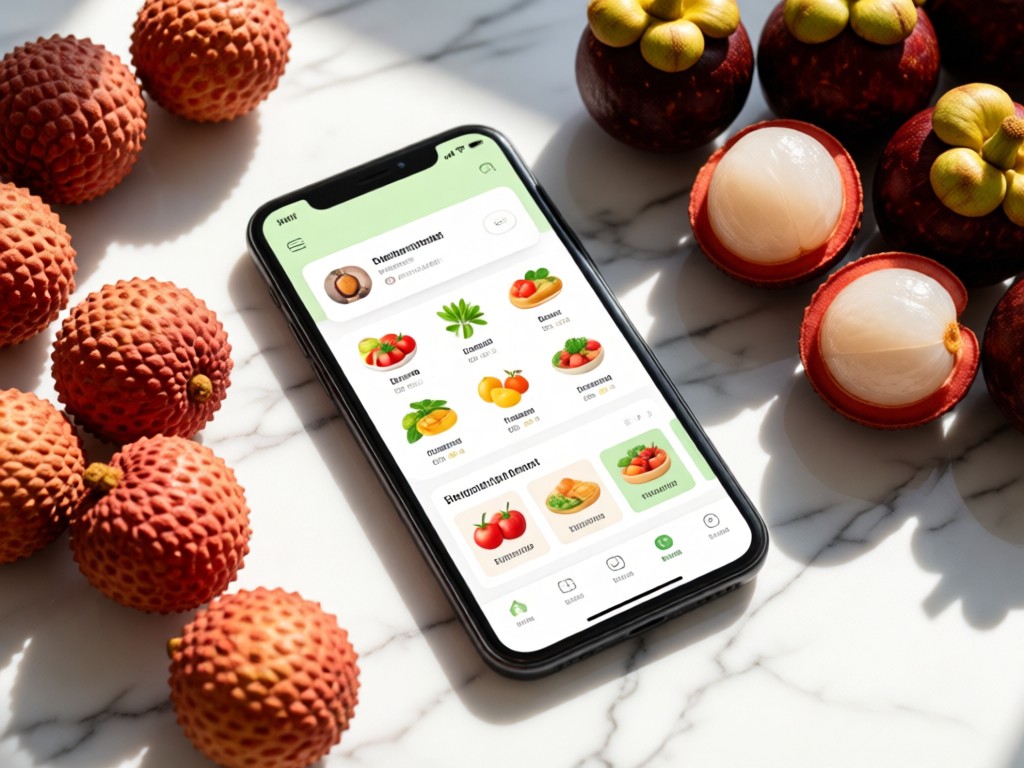 Modern smartphone displaying a clean grocery interface beside fresh lychees and rambutans. Sunlight highlights fruit textures on marble surface.