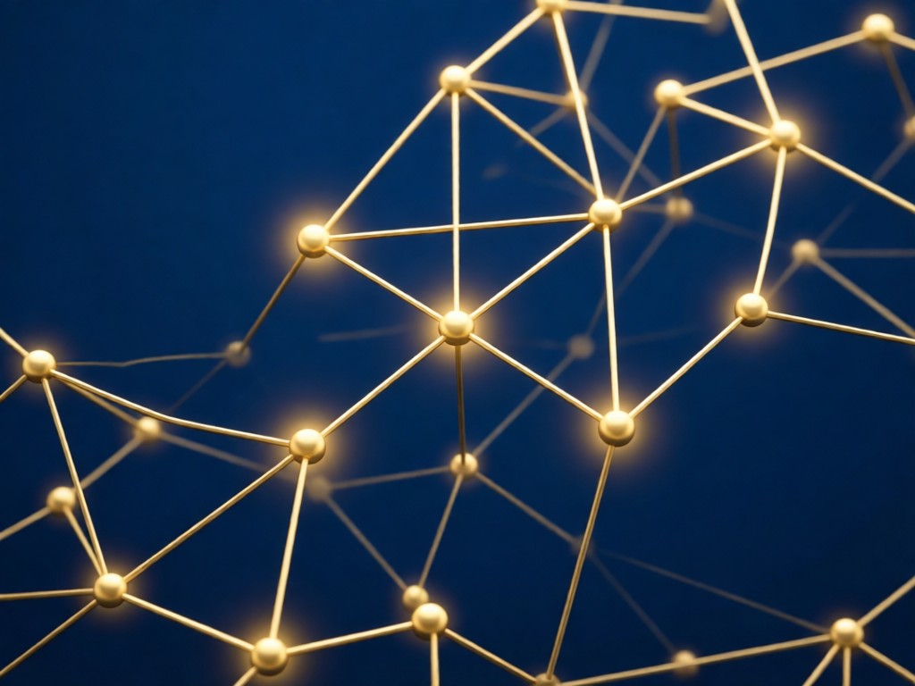 Aerial view of interconnected gold nodes on a dark blue background, symbolizing business networks. Soft glow around connections. Minimalist and abstract.