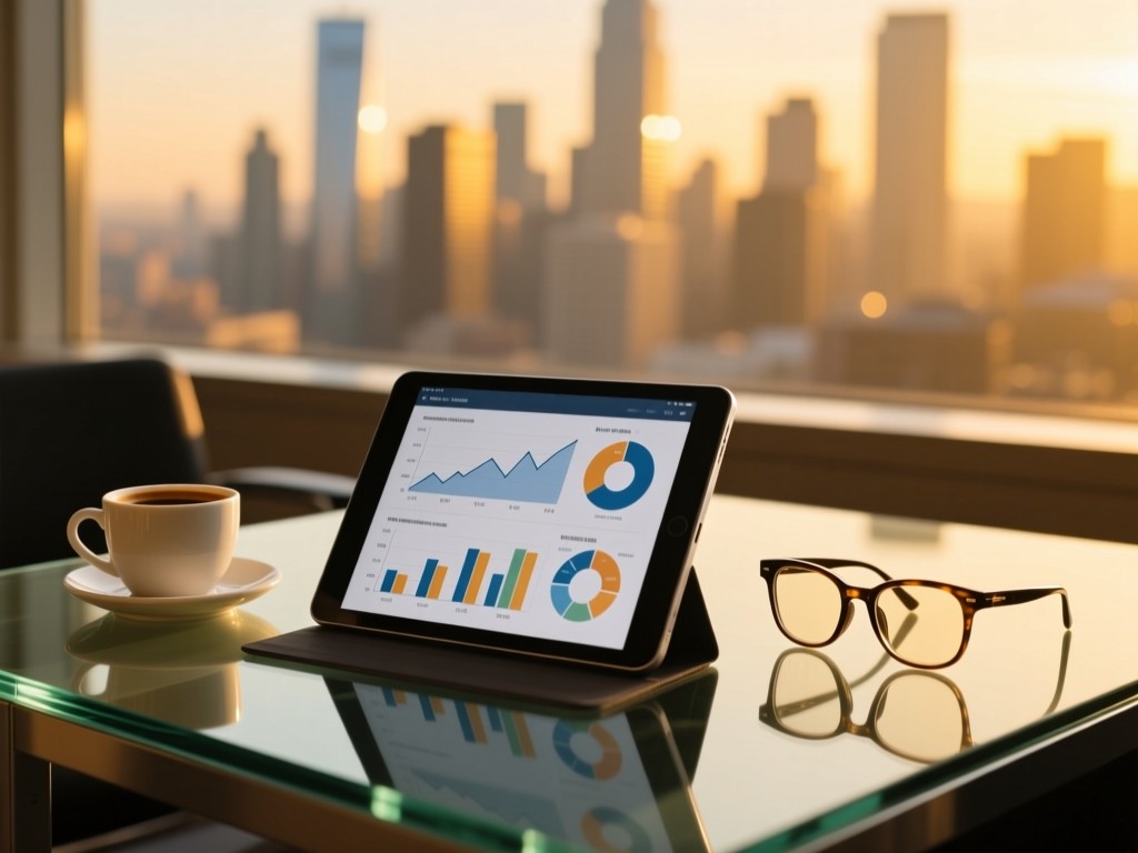 Tablet showing financial charts on glass desk. Coffee cup and stylish glasses nearby. Blurred city skyline background. Golden hour lighting. No people.