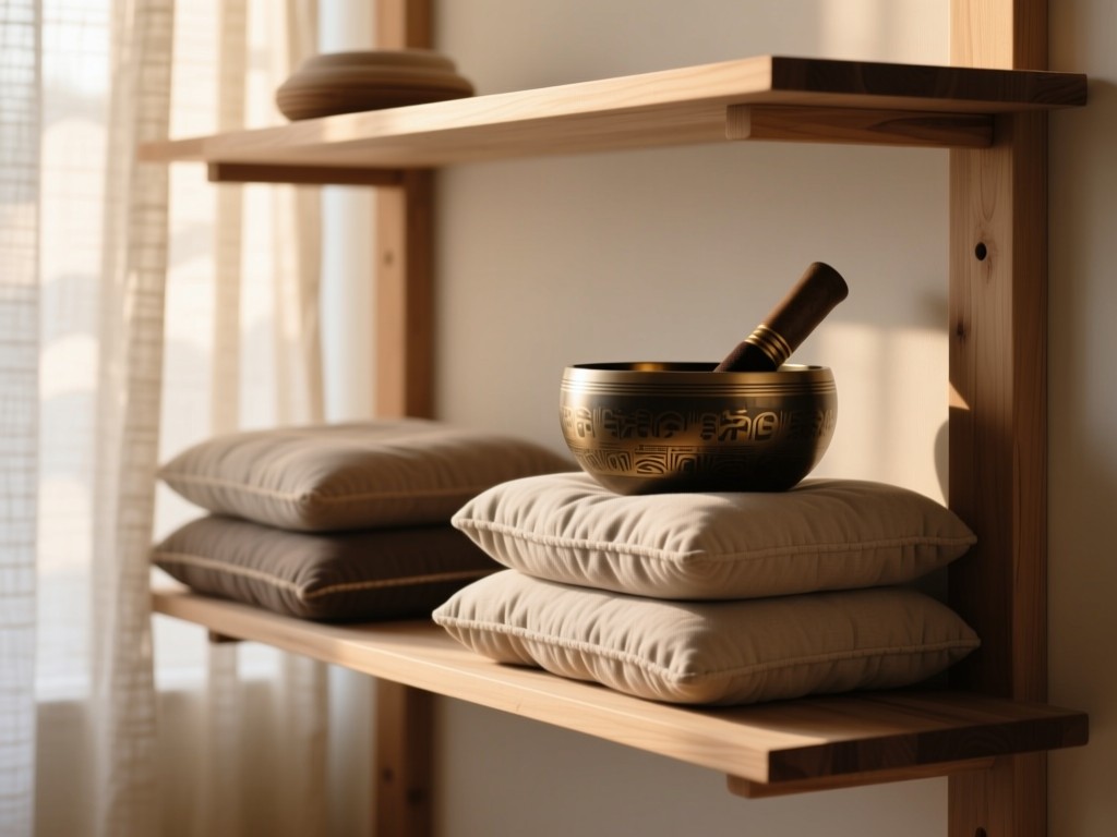 Minimalist wooden shelf holding stacked meditation cushions and a singing bowl, soft dawn light filtering through linen curtains, shallow depth of field, serene composition, natural textures, no people.