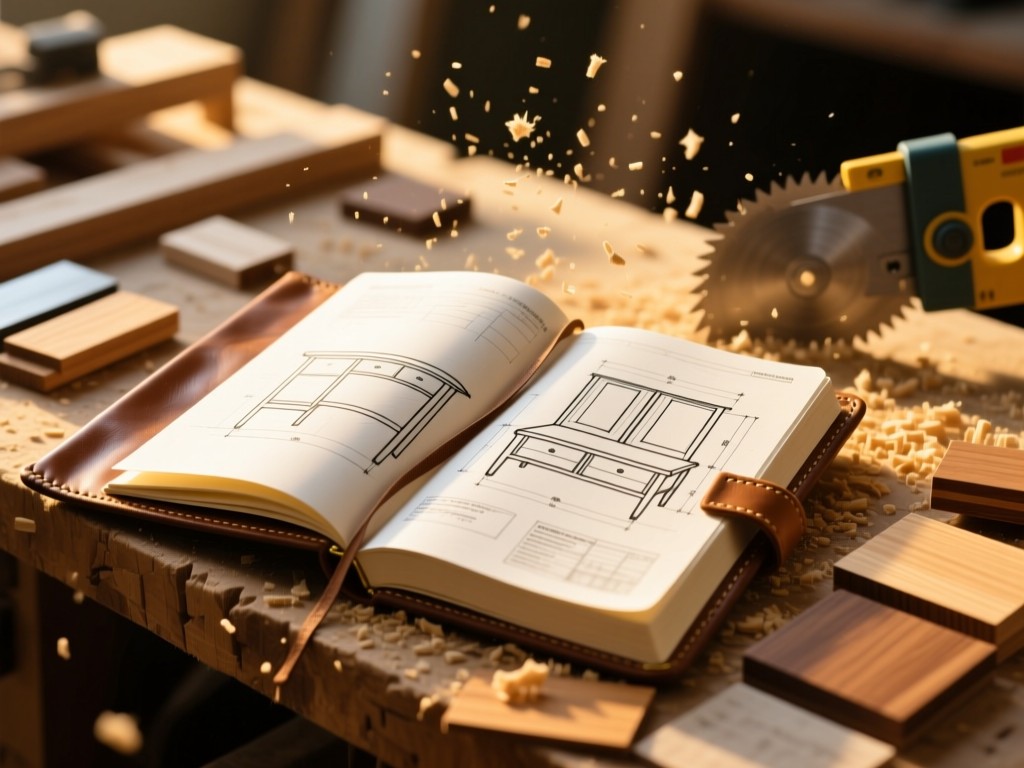 An open leather-bound sketchbook on a workbench, revealing furniture blueprints and wood samples, golden hour light catching sawdust particles, shallow focus.