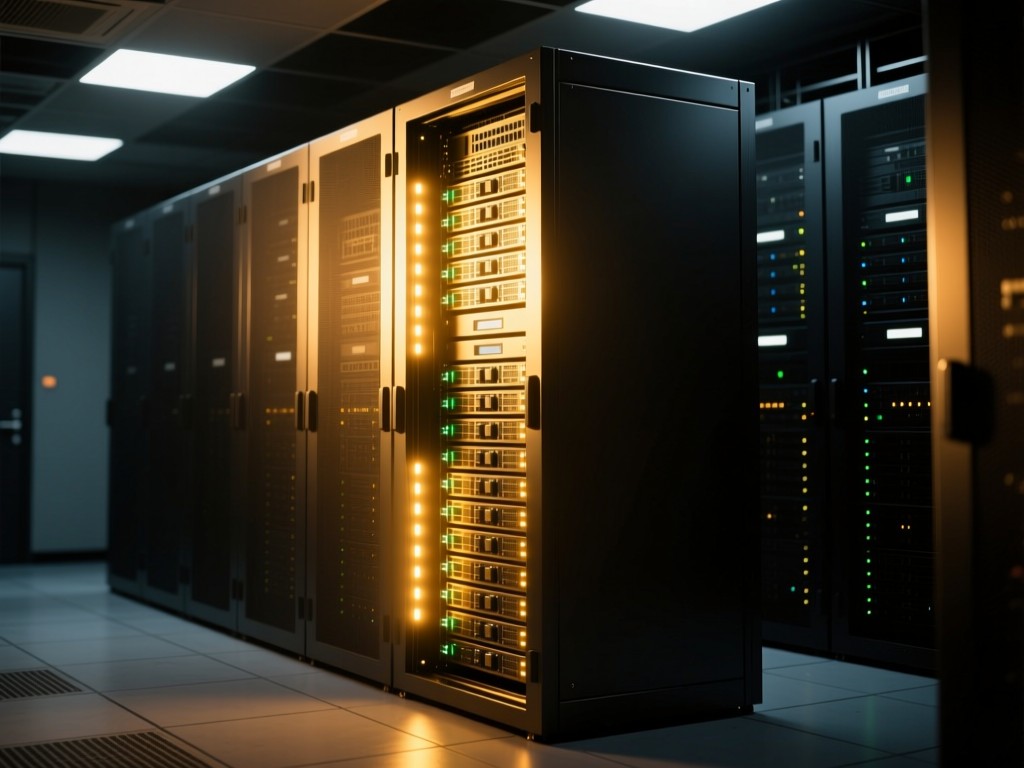 A single glowing server rack in a dark data center during golden hour, warm light emanating from components, symbolizing focused technical power, high contrast with soft shadows, no people.