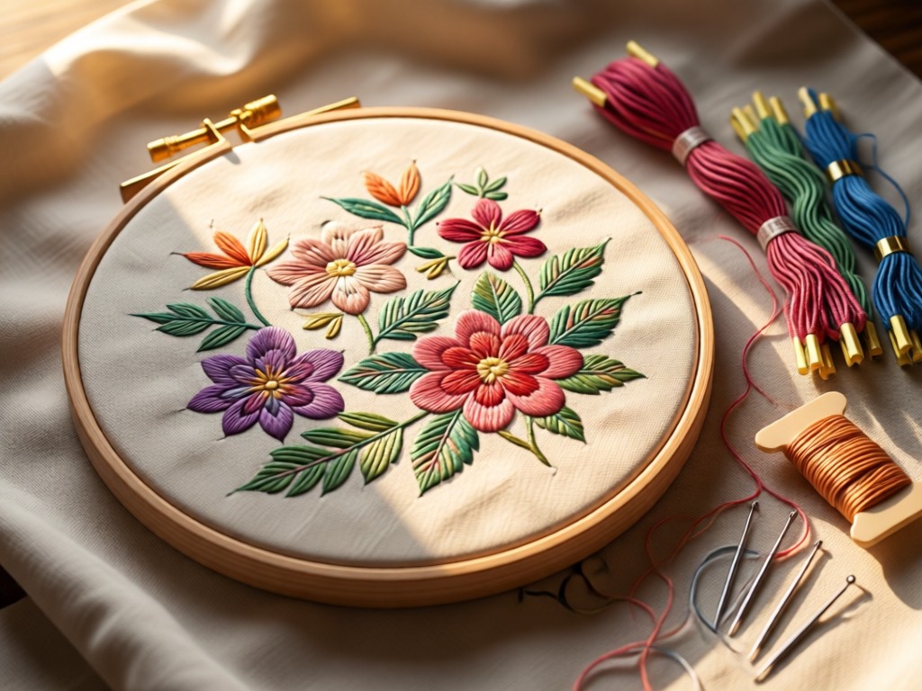 Detail shot of a quilting hoop with half-finished embroidery in progress. Needles and threads artfully arranged nearby. Soft afternoon lighting. No people.