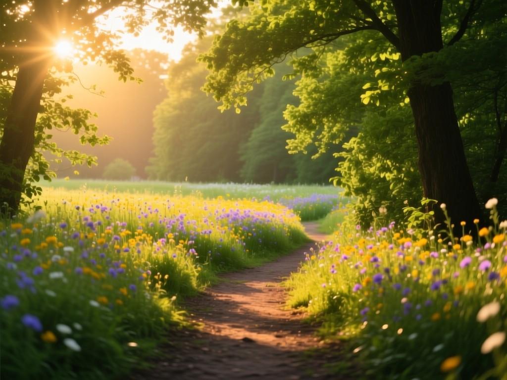 A sun-dappled forest path at golden hour, leading toward a vibrant wildflower meadow, symbolizing discovery, soft warm lighting, rich green foliage, no text or people.