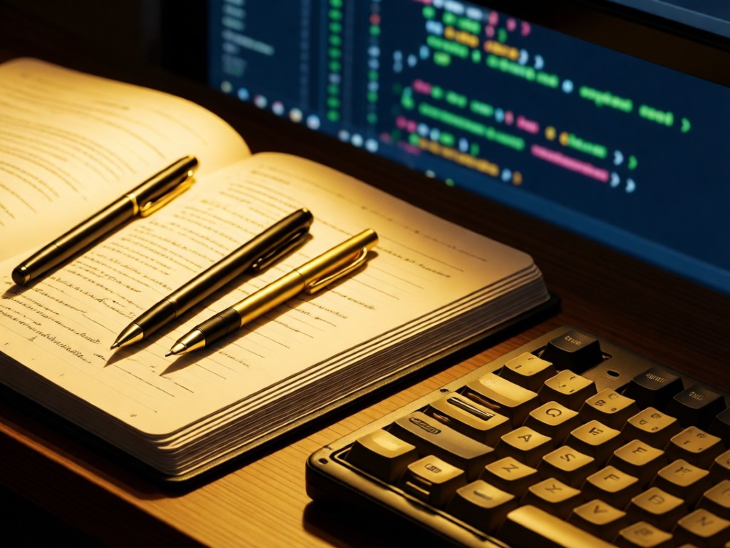 Overhead shot of coding notebooks, stylized pens, and a mechanical keyboard. Golden light highlights textures and shadows. Background shows blurred screen with code snippets. No people.