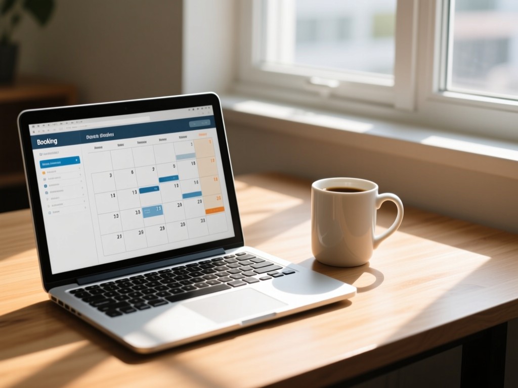 An open laptop showing a simple booking calendar beside a clean coffee mug. Sunlight streams through nearby windows, casting soft shadows on a wooden desk. No people.