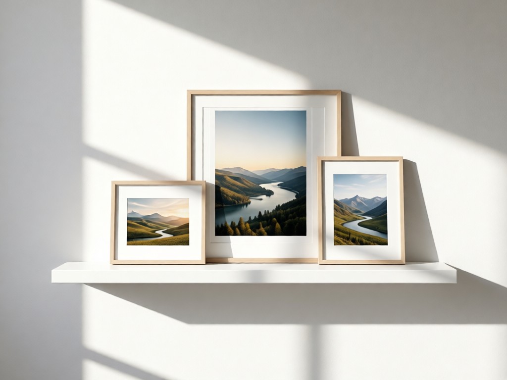 A minimalist white shelf displaying three framed landscape photographs in different sizes. Soft window light creates clean shadows on the wall. Simple and elegant presentation. No people.